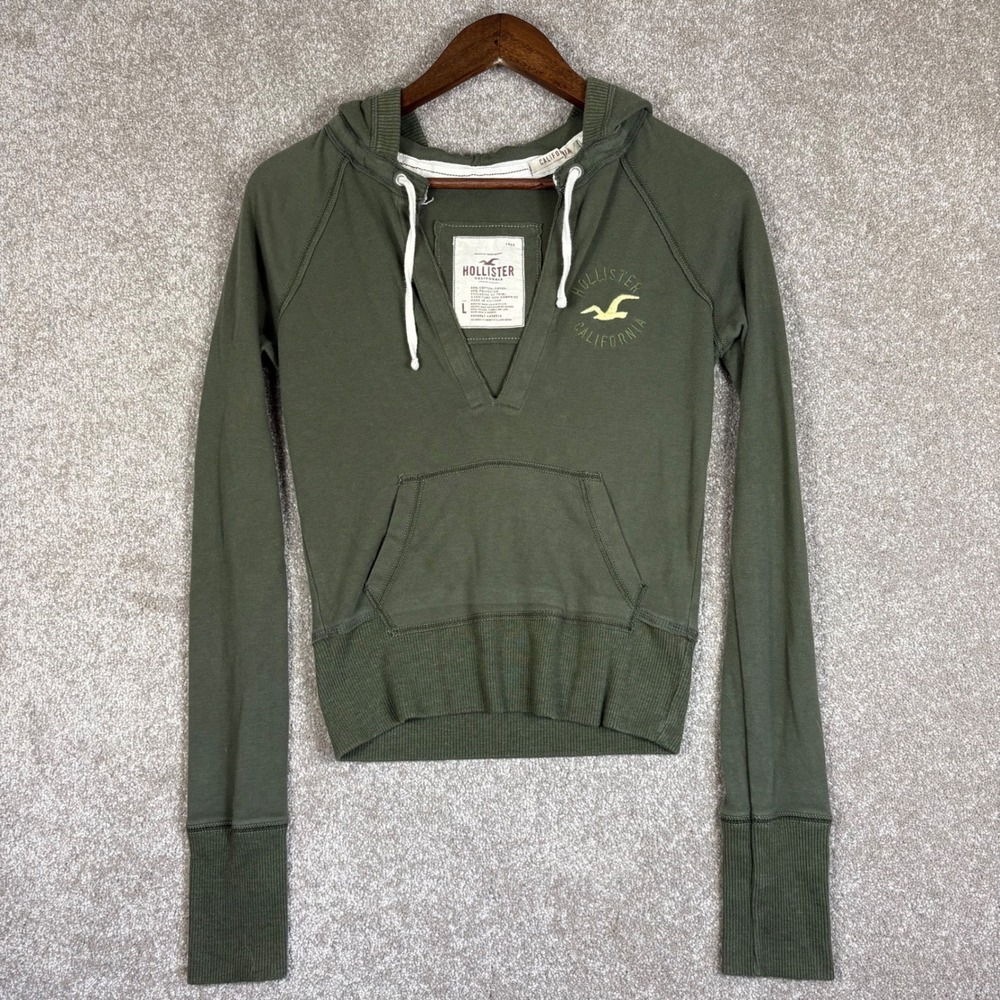 Hollister California Womens Large Olive Green Deep V-Neck Hoodie Pullover Y2K